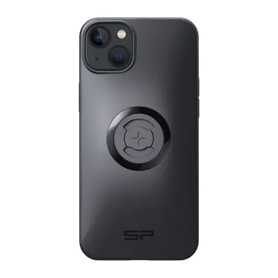 The back of a black smartphone case with a circular mounting system and a logo at the bottom.