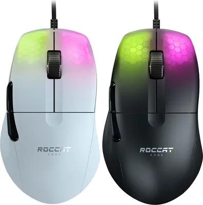 Two Roccat Kone Pro gaming mice, one white and one black, are shown side-by-side against a white background.