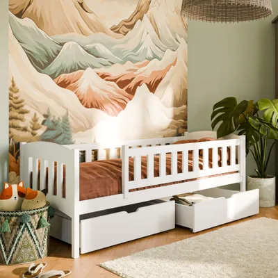 Produktbild von Kinderbett Einzelbett 90x200 cm mit zwei Schubladen, Rausfallschutz, Lattenrost, aus Vollholz massiv in weiss, Funktionsbett Jugendbett 200x90