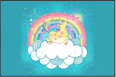 Produktbild von Wallario Wandbild Lustiges Einhorn auf einer Wolke vor Regenbogen, Größe: 61 x 91,50 cm, Poster mit schwarzem Aluminiumrahmen