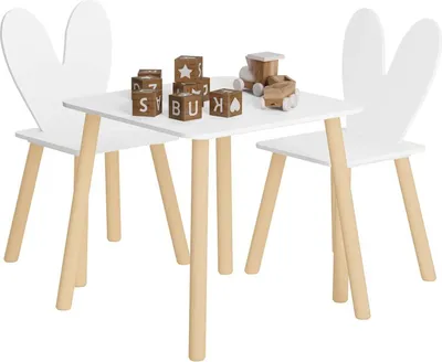 Produktbild von WOLTU Kindertisch mit 2 Stühlen, Kindersitzgruppe, Sitzgruppe für Kinder, mit Massivholzbeinen Kaninchenohren-Rückenlehne, Kindermöbel für Kinderzimmer Kindergärten Weiß