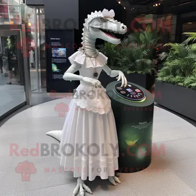 Produktbild von Weißes REDBROKOLY Spinosaurus Maskottchen kostüm gekleidet in einen Faltenrock und Smartwatches