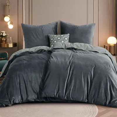 Immagine prodotto di Set di lenzuola 135x200 cm, 4 pezzi, grigio chiaro, flanella, pile, lenzuola reversibili con 2 federe 80x80 cm