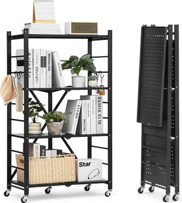 Produktbild von VEVOR 4 Etagen, Klappbare Regale mit Rädern, 33x66x117cm, Faltbares Schwerlastregal, montagefreies Standregal, Haushaltsregal, Küchenregal, Metallregal für Garage, Küche, Keller, schwarz