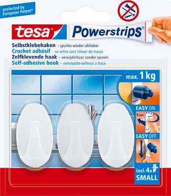 Produktbild von tesa Klebehaken selbstklebend mit Powerstrips, wiederverwendbar, Small 3 St.