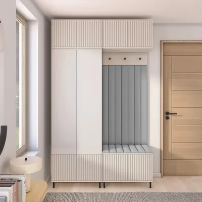 Produktbild von Garderoben-Set Ritmo Version 2 – gefräster Kleiderschrank mit hohen Füßen, Schuhschrank, Hängeschrank für den Flur (cashmere, Trinity 14)