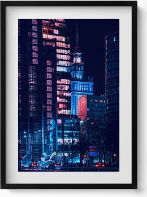 Produktbild von Warschau bei Nacht– Wandbild mit Rahmen – Gerahmtes Bild  – Wanddekoration – 50x70 cm –  Schwarz Rahmen