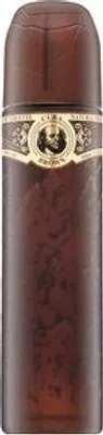 A close-up studio shot of a brown perfume bottle with a decorative label.