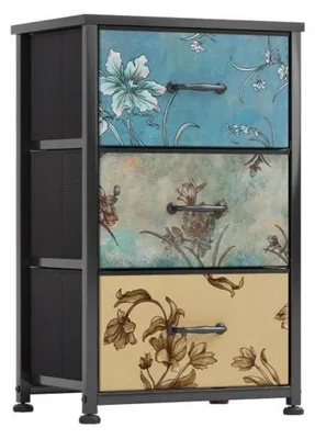 Image de Commode avec 3 tiroirs en tissu, structure métallique, dimensions 30x40x63 cm, motif floral