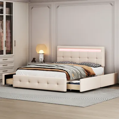 Produktbild von okwish Polsterbett 140 x 200 cm mit LED, Lattenrost Einzelbett mit Kopfteil & 4 Schubladen Kinderbett Jugendbett Gästebett, Leinen Beige (ohne Matratze)