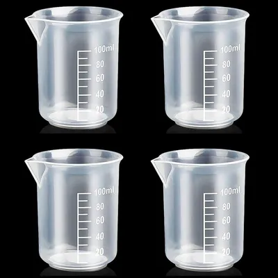 Zdjęcie produktu dla Miarka 100 ml, plastikowa, przezroczysta, z podziałką, zestaw 4 sztuki