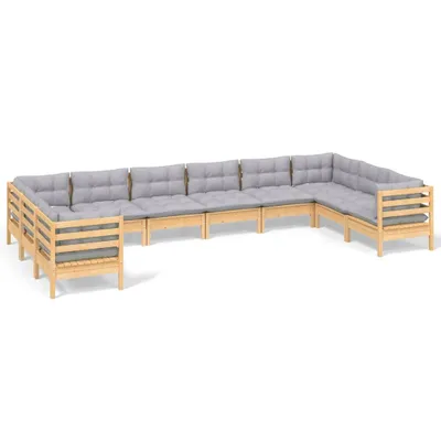 Produktbild von 10-tlg. Garten-Lounge-Set mit Grauen Kissen Kiefernholz