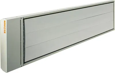 A long, gray infrared heater mounted on a white background.