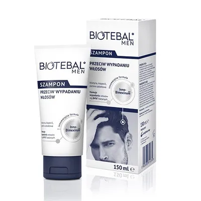 A product shot of Biotebal Men shampoo against hair loss, with the product tube and its box displayed side-by-side against a white background.