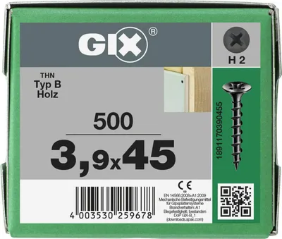 Immagine prodotto di SPAX GIX-B filo grosso, 3,9 x 45 mm, 500 pezzi, completamente filettato, testa a tromba, incavo H2, punta ad ago - 1891170390455