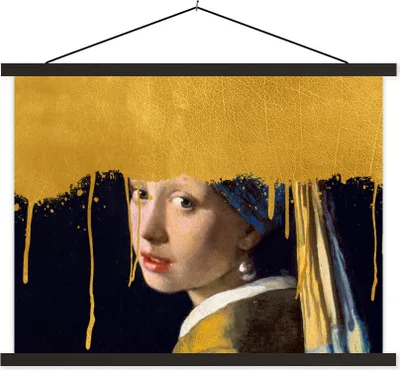 Produktbild von MuchoWow® Textilposter Vermeer - Mädchen mit Perlenohrring - Gold 120x90 cm mit schwarzem Rahmen - Aufhänger für Poster