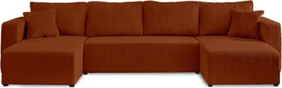 Image de Best Mobilier Topaze - canapé panoramique en U - 7 places - convertible avec coffre - en velours côtelé , Terracotta