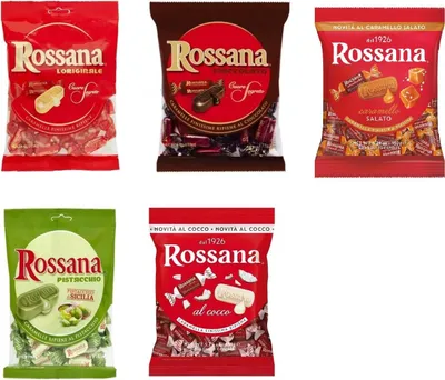 Produktbild von Italian Gourmet Rossana Bonbons Mix 5 Sorten (Original, Schoko, Salted Caramel, Pistazie, Kokos) italienische gefüllte Hartbonbons, Geschenk & Vorrat) + Italian Gourmet Polpa