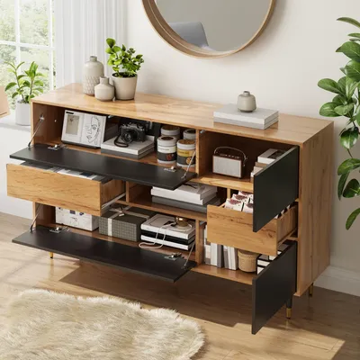Produktbild von Merax Sideboard mit 2 Schubladen, Kommode mit offenen Mittelfach und Klapp- & Seitentüren, Wohnzimmerschrank aus MDF + PB, Stauraumschrank, Schwarz