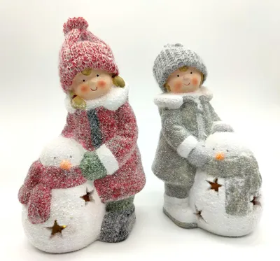 Produktbild von Winterkinder Mädchen und Junge mit LED Schneemännern 27cm Dekofigur Weihnachtsdeko