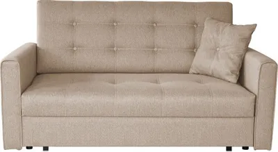 A beige sofa with a single pillow on the right side, shown from the front.