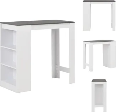 A white and gray bar table with shelves is shown from the front.