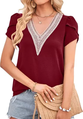 Produktbild von ASKSA Damen T-shirt V-Ausschnitt Blütenblatt Ärmel Bluse Spitzenbesatz Kurzarm Sommer Elegant Shirts Tunika Einfarbig Tops, Weinrot, XXL