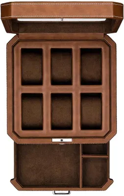 Produktbild von Leder Uhrenbox 6-Fach mit Aufbewahrung, braun, Mikrosuède