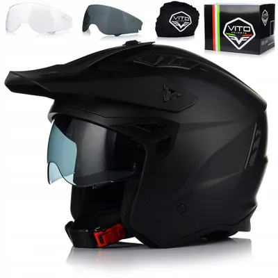 Produktbild von Vito Trial Jethelm mit Sonnenblende und Doppelvisier | Motorradhelm Rollerhelm Sturzhelm | ECE 22.06 | Schwarz Matt | M (57-58 cm)