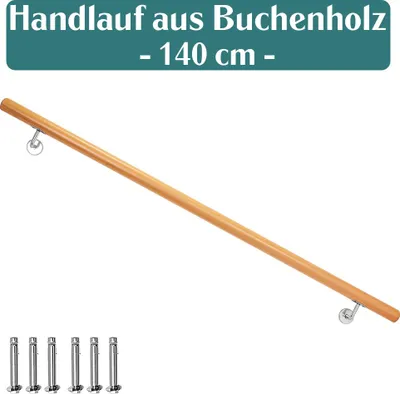 Obrázek produktu pro Bukové dřevěné madlo schodišťového zábradlí pro schody, nástěnné madlo, montáž na boční stranu stěny, výběr délky 50–500 cm, délka: 140 cm