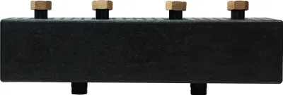 A black manifold with four gold-colored screw fittings on top and two on the bottom, isolated on a white background.