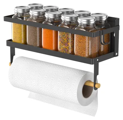 Image de Étagère à épices magnétique, pliable, pour le réfrigérateur, à fixer au mur, avec porte-rouleau de papier essuie-tout, porte-rouleau et crochets.