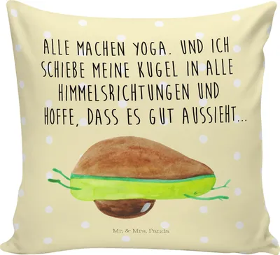 Produktbild von Mr. & Mrs. Panda kissen bedruckt Avocado Yoga - Gelb Pastell - Geschenk, Humor, Unsportlich, Hilfe, Sofakissen, Sofa, Haha, Dekokissen, 40x40, Bauch, kuschelkissen, für