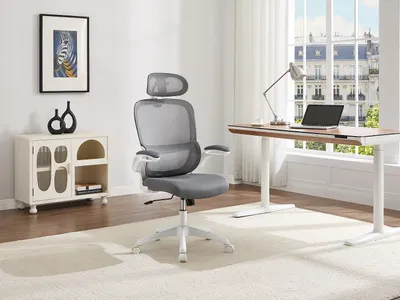 Produktbild von Ergonomischer Bürostuhl mit Kopfstütze – Stoff – Grau und Weiß – NIRANO