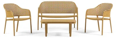Immagine prodotto di Set da giardino composto da divano a due posti, 2 poltrone e tavolino in polipropilene impilabile rinforzato con fibra di vetro, robusto, per terrazza, balcone, piscina - Sirmione - Ocre