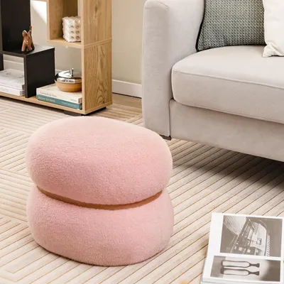 Produktbild von Ovaler Sitzhocker und gepolsterter Schminkhocker aus Sherpa mit rutschfesten Fußpolstern, Samtottomane für Eingangsbereich und Wohnzimmer, 44 x 35 x 35 cm, Rosa