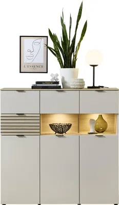 Produktbild von Highboard INA Kaschmir mit LED-Beleuchtung, Softclose, Selbsteinzug, 2 Glastüren und Leistenoptik
