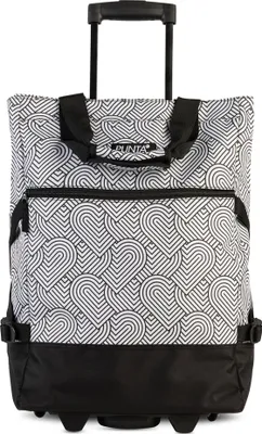A wheeled shopping bag with a heart pattern.