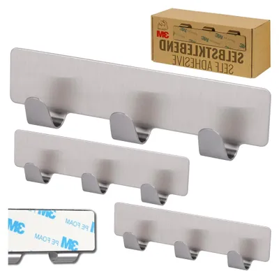 Produktbild von 3 x Hakenleiste für die Küche mit 3 selbstklebenden Edelstahlhaken, Handtuchhaken ohne Bohren, Klebehaken für das Badezimmer, Kleiderhaken zum Kleben, Badhaken, Badezimmerhaken, Wandhaken, Bad Aufhängehaken
