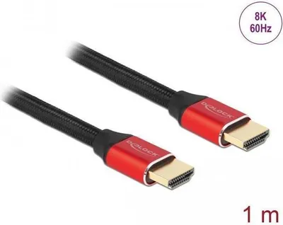 Imagen del producto de Cable HDMI de alta velocidad DeLOCK, 48 Gbps, 8K a 60 Hz, color rojo, 1 metro, , 1 metro, conector HDMI tipo A (estándar), conector HDMI tipo A (estándar), compatible con 3D, 48 Gbit/s, color negro y rojo