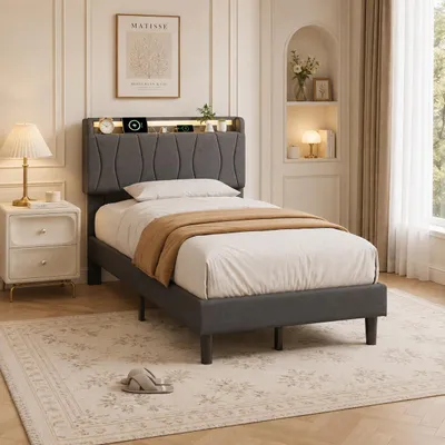 Immagine prodotto di Letto imbottito INONEFT, 90x200 cm, con illuminazione LED, prese USB di tipo C e prese USB, letti singoli con spazio contenitivo nella testiera, letto per ragazzi con rete a doghe, colore grigio, Immagine generata dall'IA