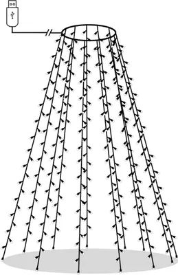A line drawing of a cone-shaped string of lights with a USB connector.