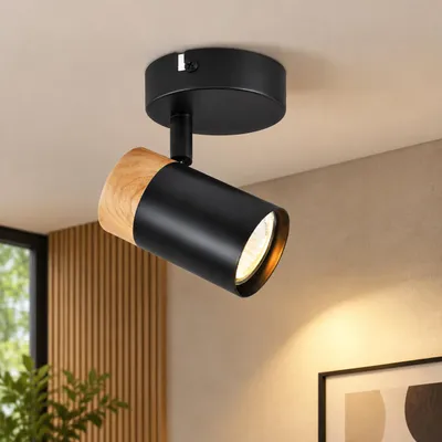 Produktbild von ZMH Deckenleuchte Holz Deckenstrahler 1 Flammig GU10 Deckenlampe Schwarz Schwenkbar 330° Spotlight für Flur Garage Wohnzimmer Schlafzimmer Küche