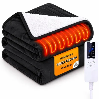 Obrázek produktu pro Elektrická vyhřívací deka ZMH, flanel, 180x130 cm, měkká deka s 6 stupni teploty, časovač, elektrická podložka pod postel nebo pohovku, černá