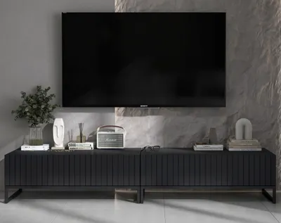 Produktbild von Universal TV-Schrank 2 x ELPIS TV Glamour Style Schwarze Metall Fußgestell Modern 220 cm x 39 cm x 54 cm Schwarz matt - Italienische Tiefmattfolie