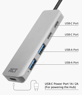 Zdjęcie produktu dla ACT AC7072, USB 3.2 Gen 1 (3.1 Gen 1) Type-C, USB 3.2 Gen 1 (3.1 Gen 1) Type-A, USB 3.2 Gen 1 (3.1 Gen 1) Type-C, 5000 Mbit/s, Czarny, Szary, Aluminium, 0,12 m