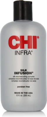 Productafbeelding van CHI Silk Infusion, voor dames, geschikt voor alle haartypes, tegen kroezing, hydraterend, vochtinbrengend, beschermend, herstellend, revitaliserend, glanzend, ..., 355 ml, fles, ingrediënten: Cyclopentasiloxane, Dimethiconol, C12-15 Alkyl Benzoate, Gehydrolyseerd maïs eiwit, Gehydrolyseerde sojaproteïne...