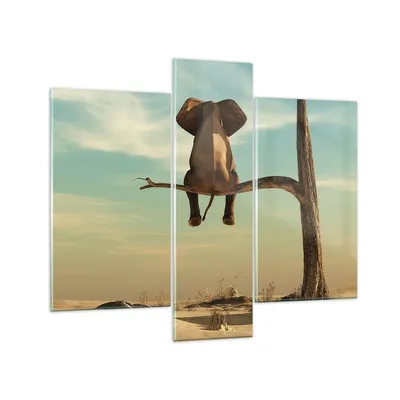 Produktbild von Bilder auf glas - 3 Teile - Elefant sitzend Ast - 95x80cm - Glasbilder - Wandbilder - Bilder - zum Aufhängen bereit - Wanddekoration aus Glas - Glas Bilder - Wandbild auf Glas - GCB95x80-4557