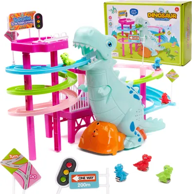 A toy dinosaur race track with multiple levels and ramps, featuring small dinosaur figures and traffic signs.