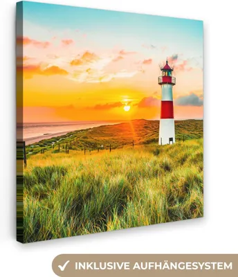 Produktbild von MuchoWow® - Leinwandbilder - Leuchtturm - Natur - Sonne - Landschaft - Strand - Meer, Wandbild, Wanddeko Bilder Wohnzimmer, 90x90cm
